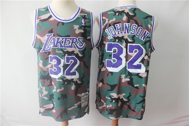 Men's Los Angeles Lakers Magic Earvin Johnson Camo Throwback Basketball Jersey Embroidered