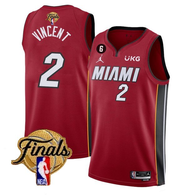Men's Miami Heat #2 Gabe Vincent Red 2023 Finals Statement Edition With NO.6 Patch Stitched Jersey