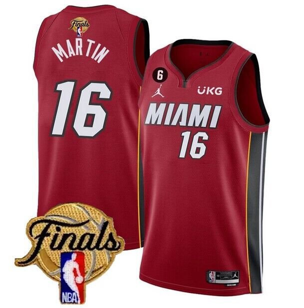 Men's Miami Heat #16 Caleb Martin Red 2023 Finals Statement Edition With NO.6 Patch Stitched Jersey