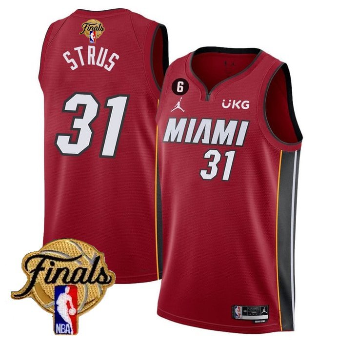 Men's Miami Heat #31 Max Strus Red 2023 Finals Statement Edition With NO.6 Patch Stitched Jersey