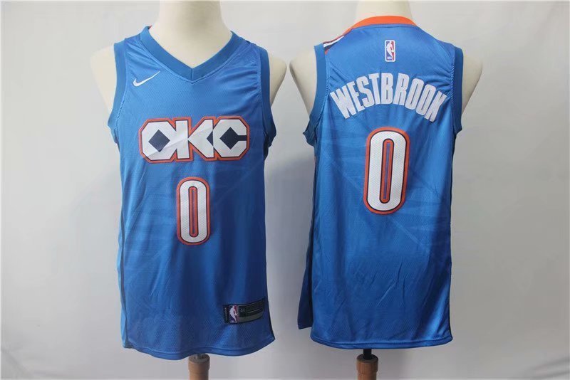 Men's Oklahoma City Thunder Russell Westbrook Basketball Jersey Blue City Edition Embroidered