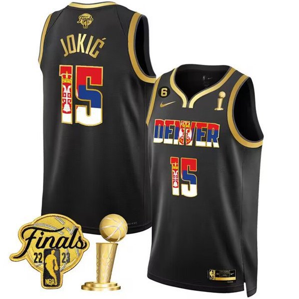 Nuggets #15 Nikola Jokic Black Gold Serbia Flag Finals Champions With NO.6 Patch Stitched Jersey