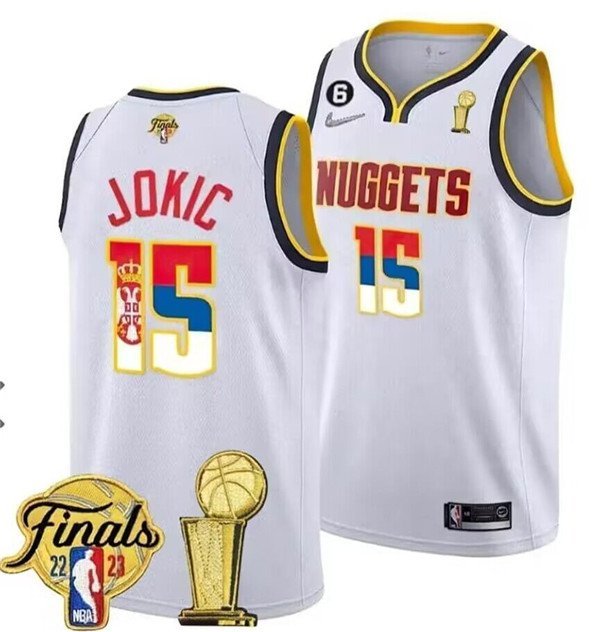 Nuggets #15 Nikola Jokic White Gold Serbia Flag Finals Champions With NO.6 Patch Stitched Jersey 01