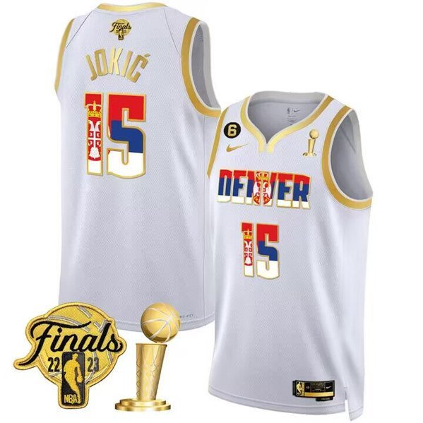 Nuggets #15 Nikola Jokic White Gold Serbia Flag Finals Champions With NO.6 Patch Stitched Jersey