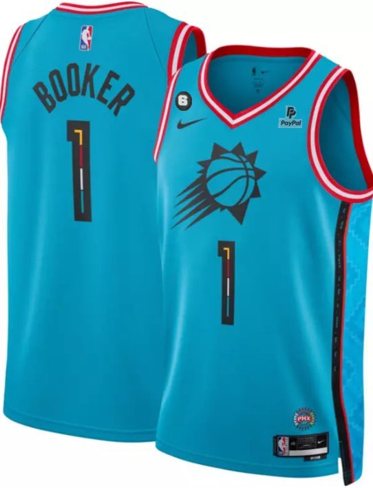 Phoenix Suns #1 Devin Booker Blue 202223 City Edition With NO.6 And Payple Patch Stitched Jersey