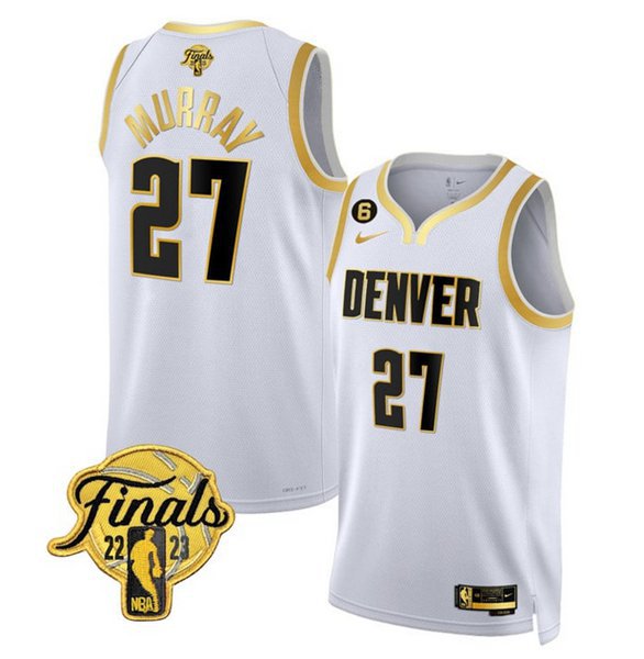 Nuggets #27 Jamal Murray White Gold Edition 2023 Finals Collection With NO.6 Patch Stitched Jersey