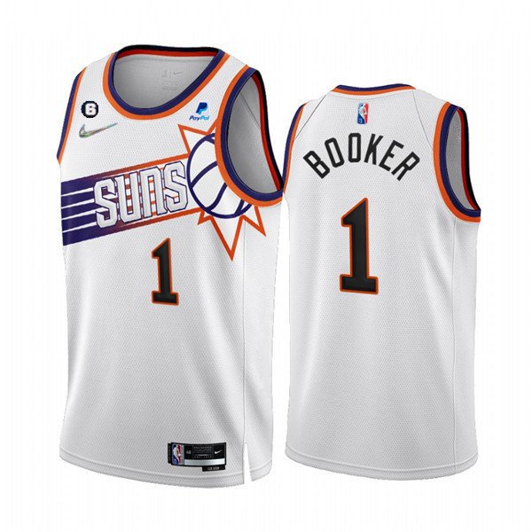 Phoenix Suns #1 Devin Booker 202223 White NO.6 Patch Association Edition Stitched Jersey