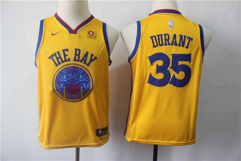 Youth Golden State Warriors Kevin Durant Yellow Kids Basketball Jersey Embroidered
