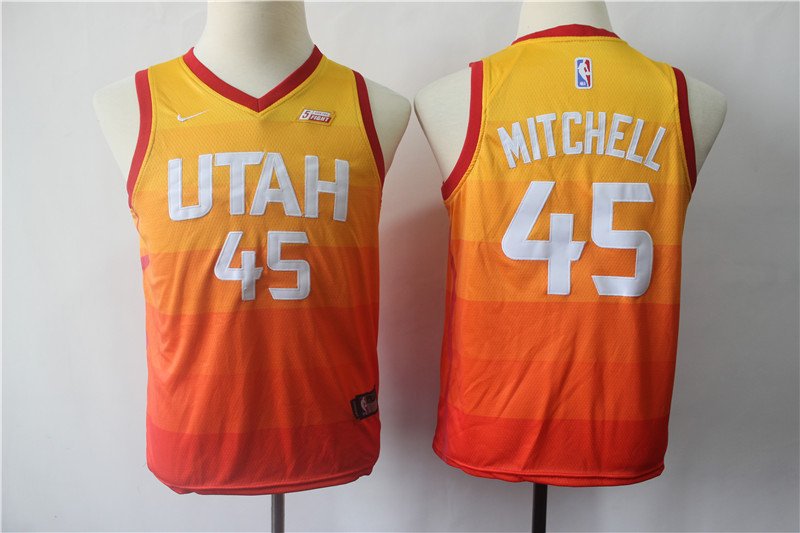 Youth Utah Jazz Donovan Mitchell Kids Basketball Jersey Orange City Edition Embroidered