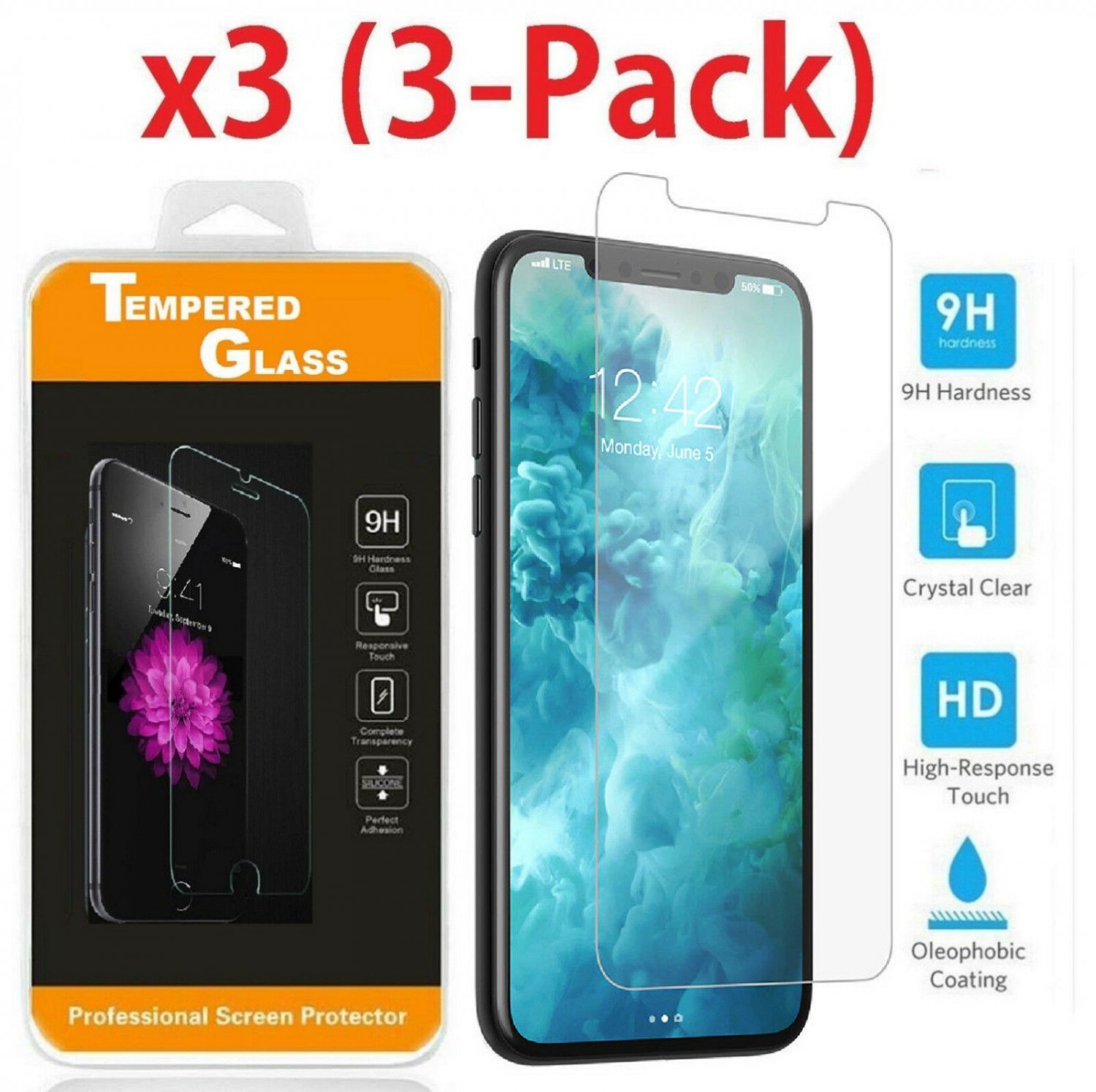 3-PACK Tempered Glass Screen Protector Protective Film Guard For Apple iPhone X