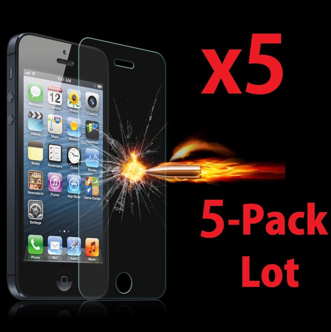 5x Wholesale Lot Tempered Glass Screen Protector for Apple iPhone 5/5C/5S