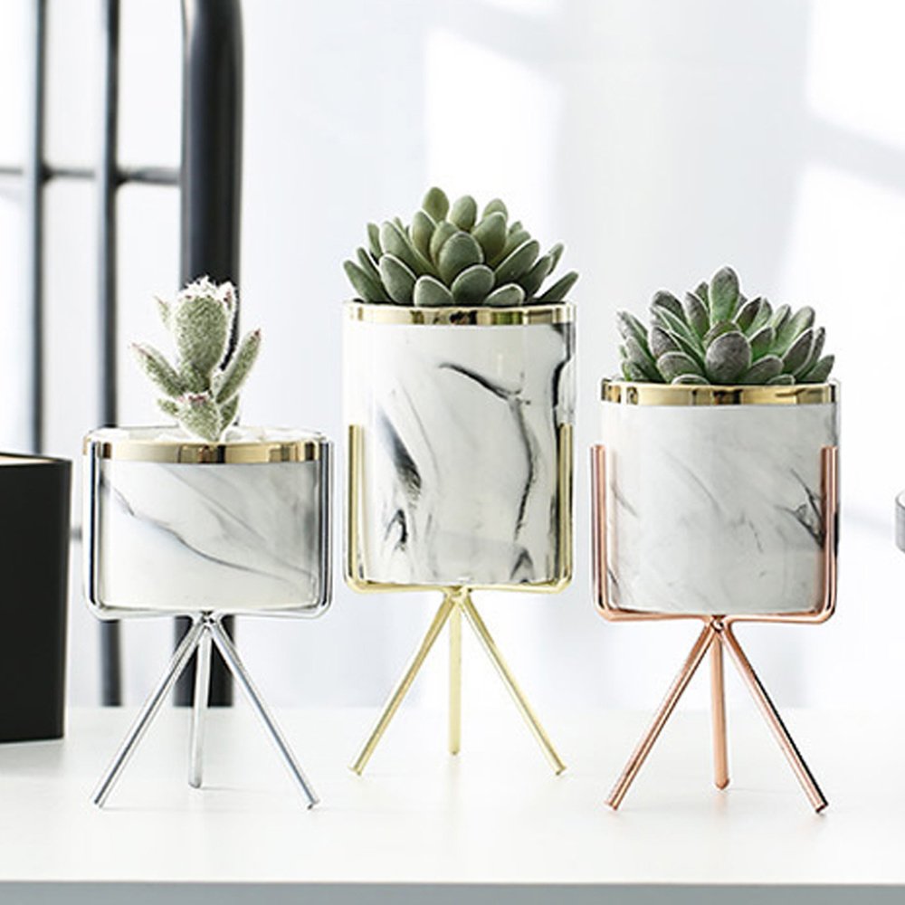 Nordic Ceramic Iron Art Vase Marble Pattern Rose Gold Silver Tabletop Green Plant Pot