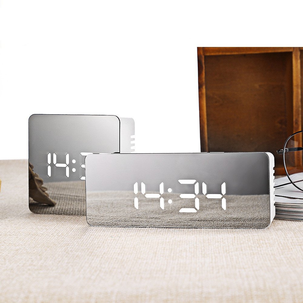LED Mirror Alarm Clock Digital Snooze Table Clock Wake Up Light Electronic Large Time Temperature