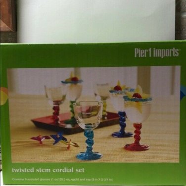 Pier 1 Imports Twisted Stem Cordial Set 6 Glasses with Tray
