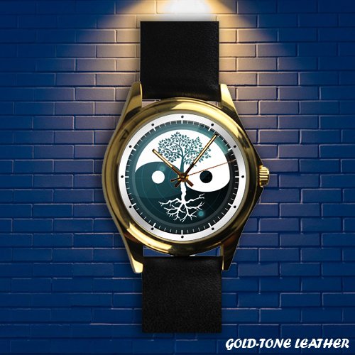 Brand New Yin Yang Ring Tree Of Life Custom Gold-tone Leather Watch by Awalwatchshop