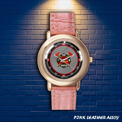 Brand New Firefighter Helmet Logo Custom Gold-tone Pink Leather Watch by Awalwatchshop