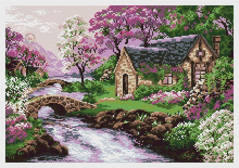 Cross stitch pattern spring landscape, spring xstitch