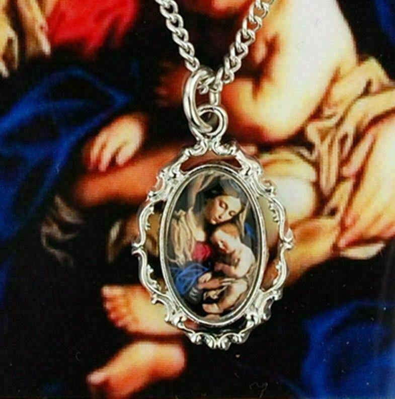 Madonna and Child Pewter Pendant Necklace w Holy Card Gift Set