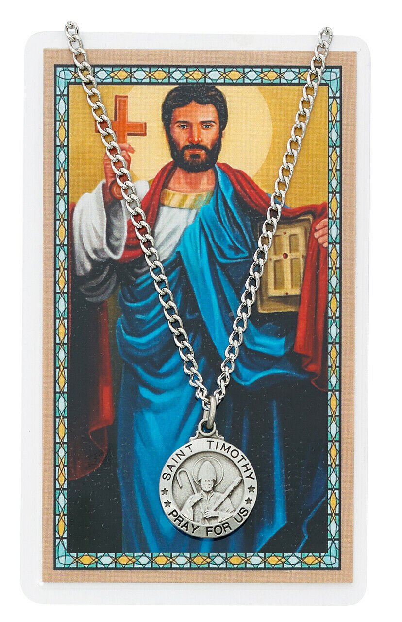 St Timothy Medal Patron of Stomach Issues Pendant Necklace w Prayer Card