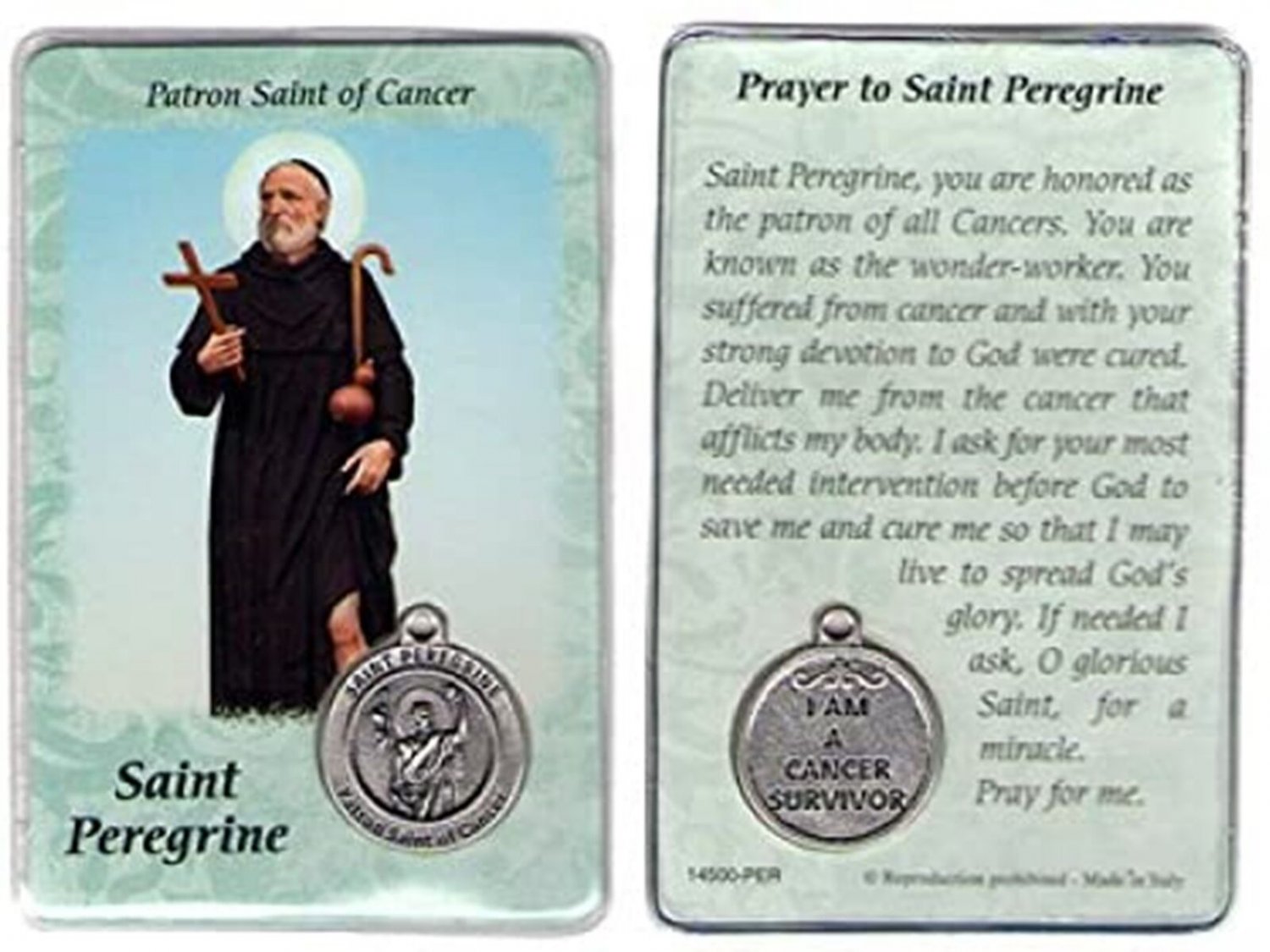 St Peregrine Patron Saint of Cancer Medal & Plastic Coated Prayer Card