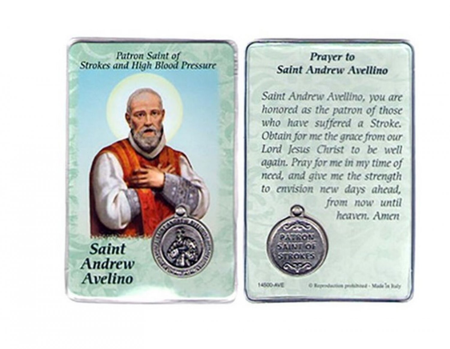 St. Andrew Avelino Holy Prayer Card Patron Strokes Blood Pressure w/ Medal