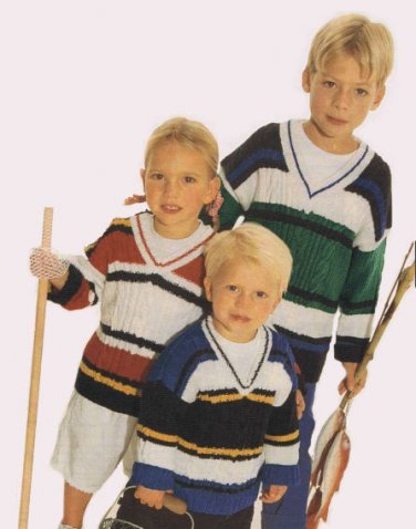 Vintage Knitting Pattern :  Kid's Striped V-Neck Sweater (1999)