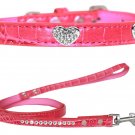 Faux Croc Leather Crystal Heart Dog Collars and Leash Combo