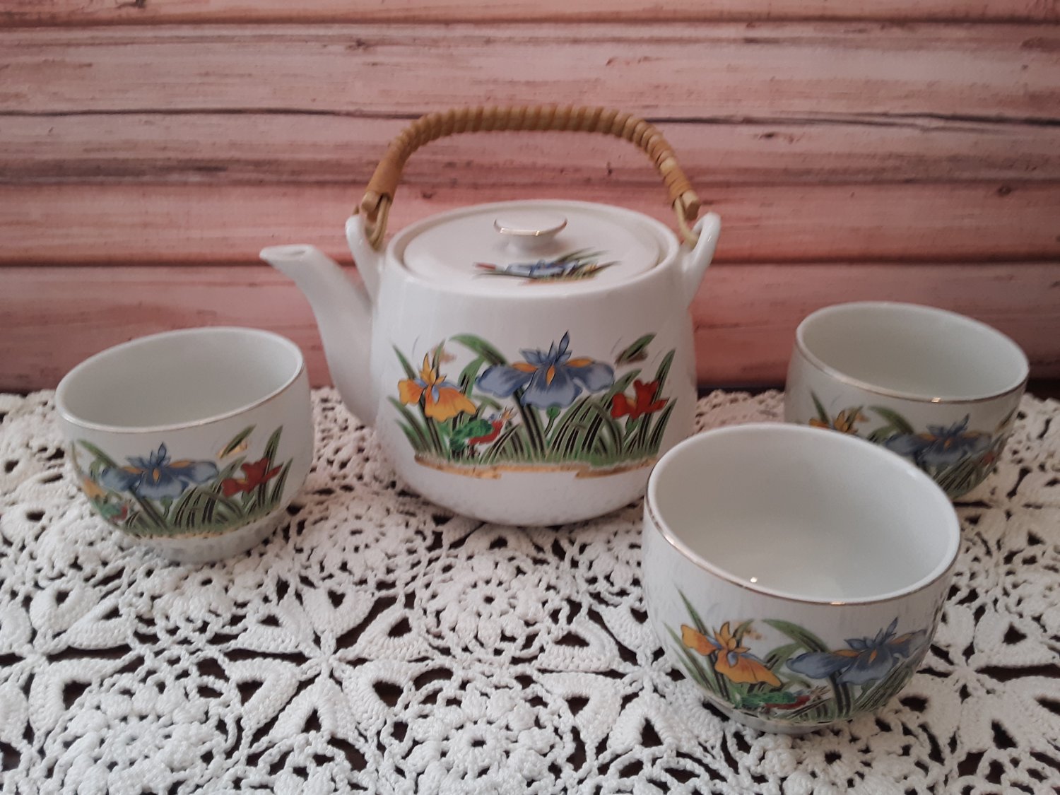 4 Piece Japanese Kyusu Tea Set Floral Design Made in Japan (1371)