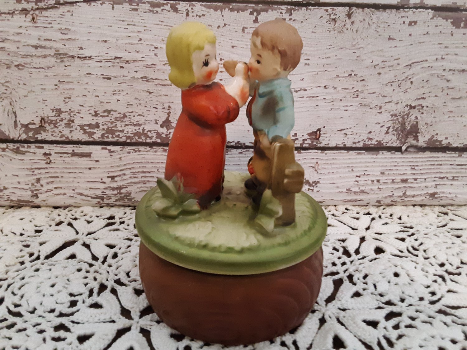 Vintage Sankyo Rotating Music Box Boy and Girl Plays "Somewhere My
