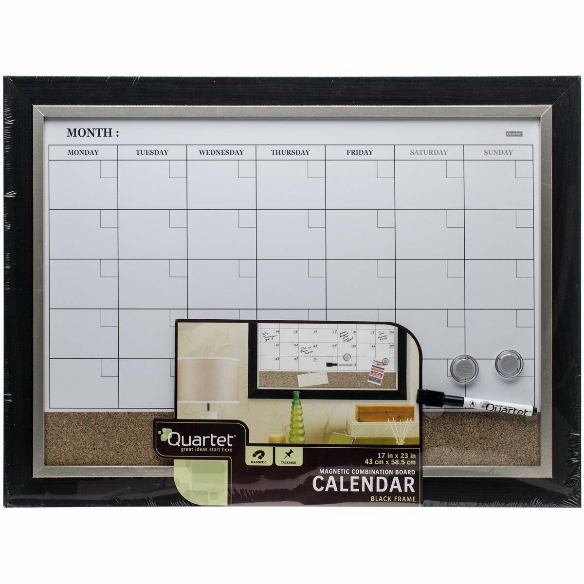 Magnetic Dry Erase Calendar Planner Combo Board Frame Cork Strip Wall Schedule