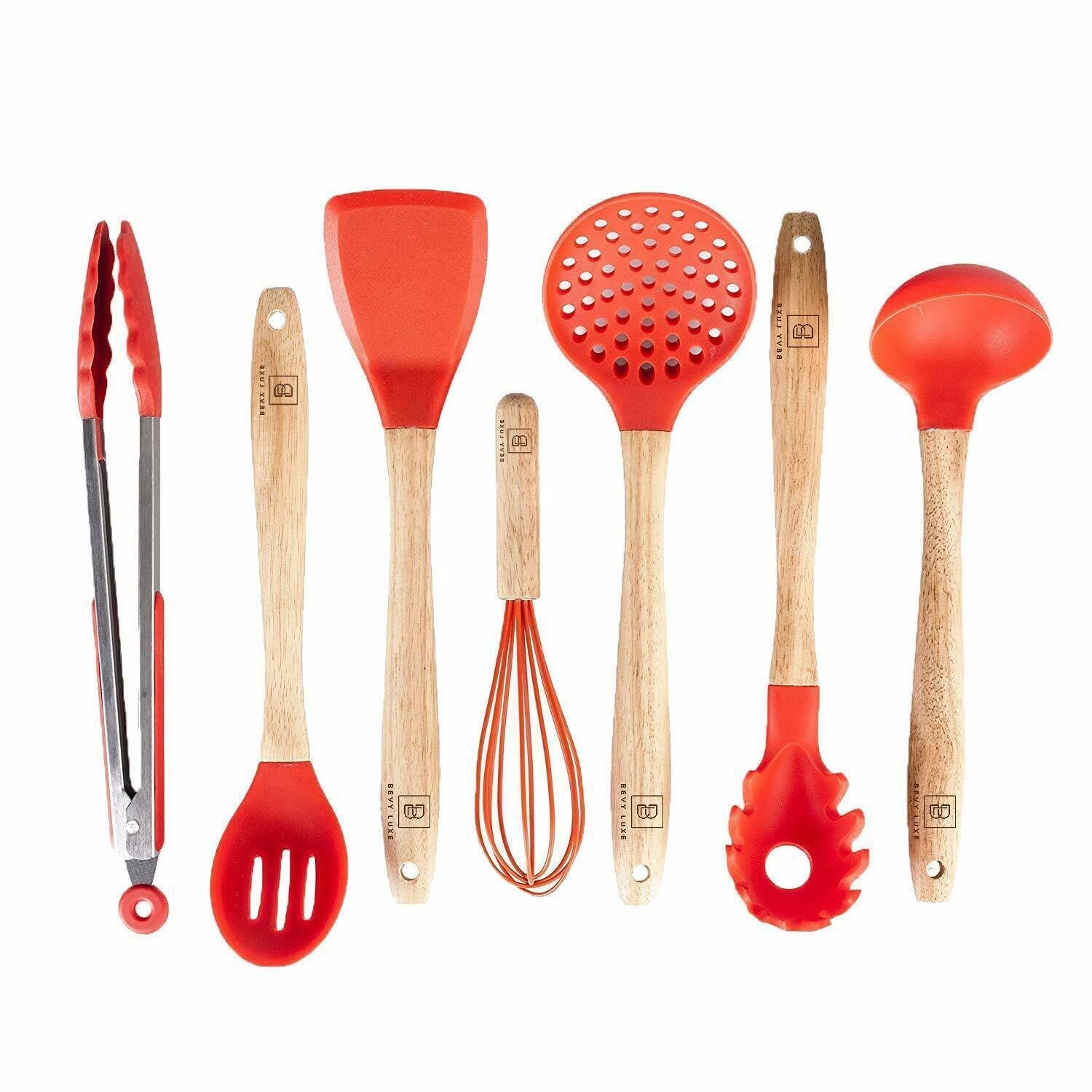 Silicone Cooking Utensils Set for Kitchen: 7 Piece Red Silicone Kitchen Utensil.
