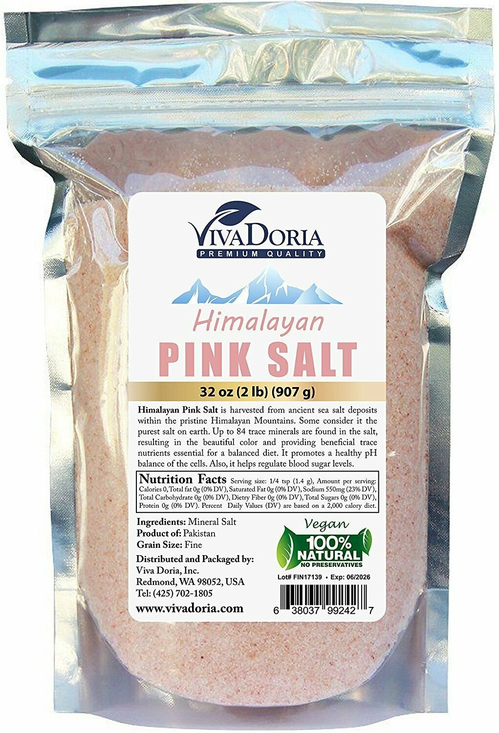 Viva Doria Himalayan Pink Salt Fine Grain Crystal Sea Salt, 2 lb (907 g)