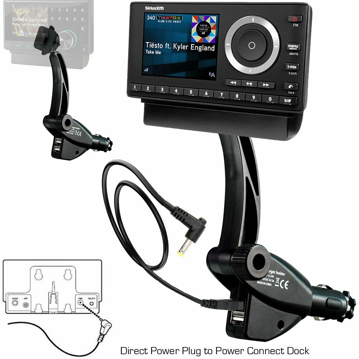 Dual USB Sirius XM Satellite Radio Lighter Socket Car Mount w/ Tilt Vehicle Onyx