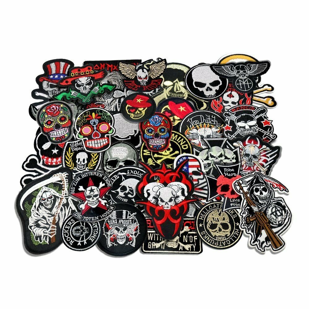 Embroided Skull And Bones Iron On Patch Biker Motorcycle Patches Vintage Lot VTG