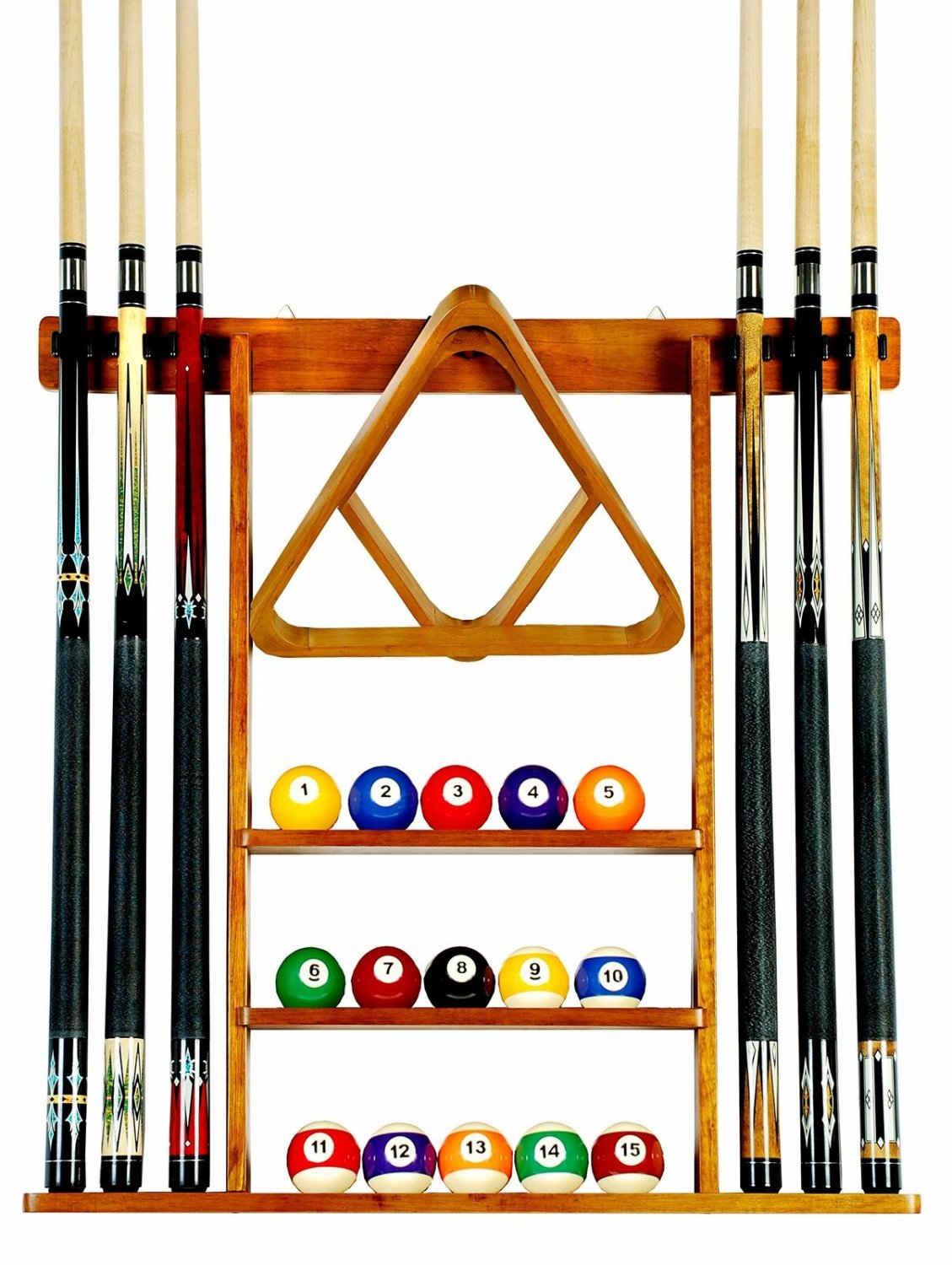 Pool Table Wall Mount Rack Mahogany For 6 Cues Billiard Balls Racks