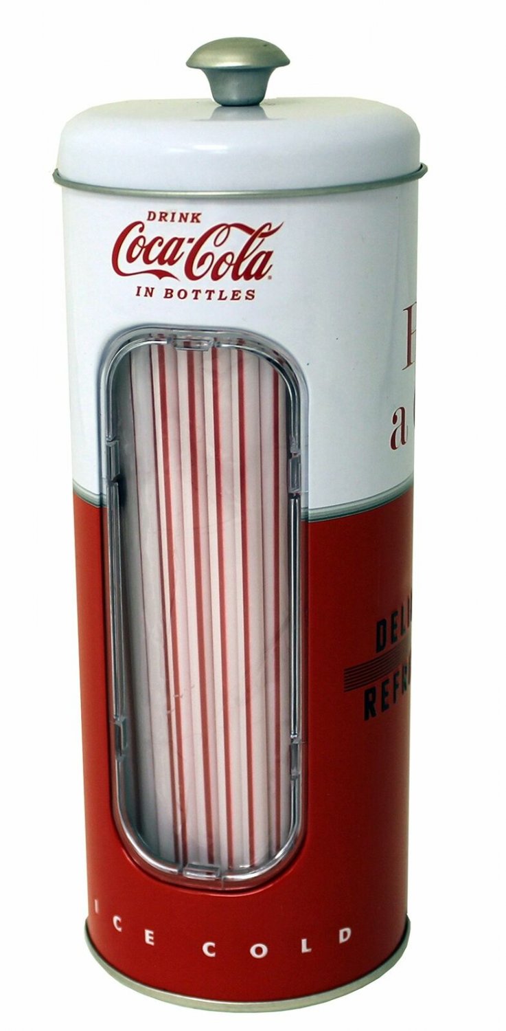 Coca-Cola Collectible Tin Straw Holder with 50 Straws (Style 2) Style 2