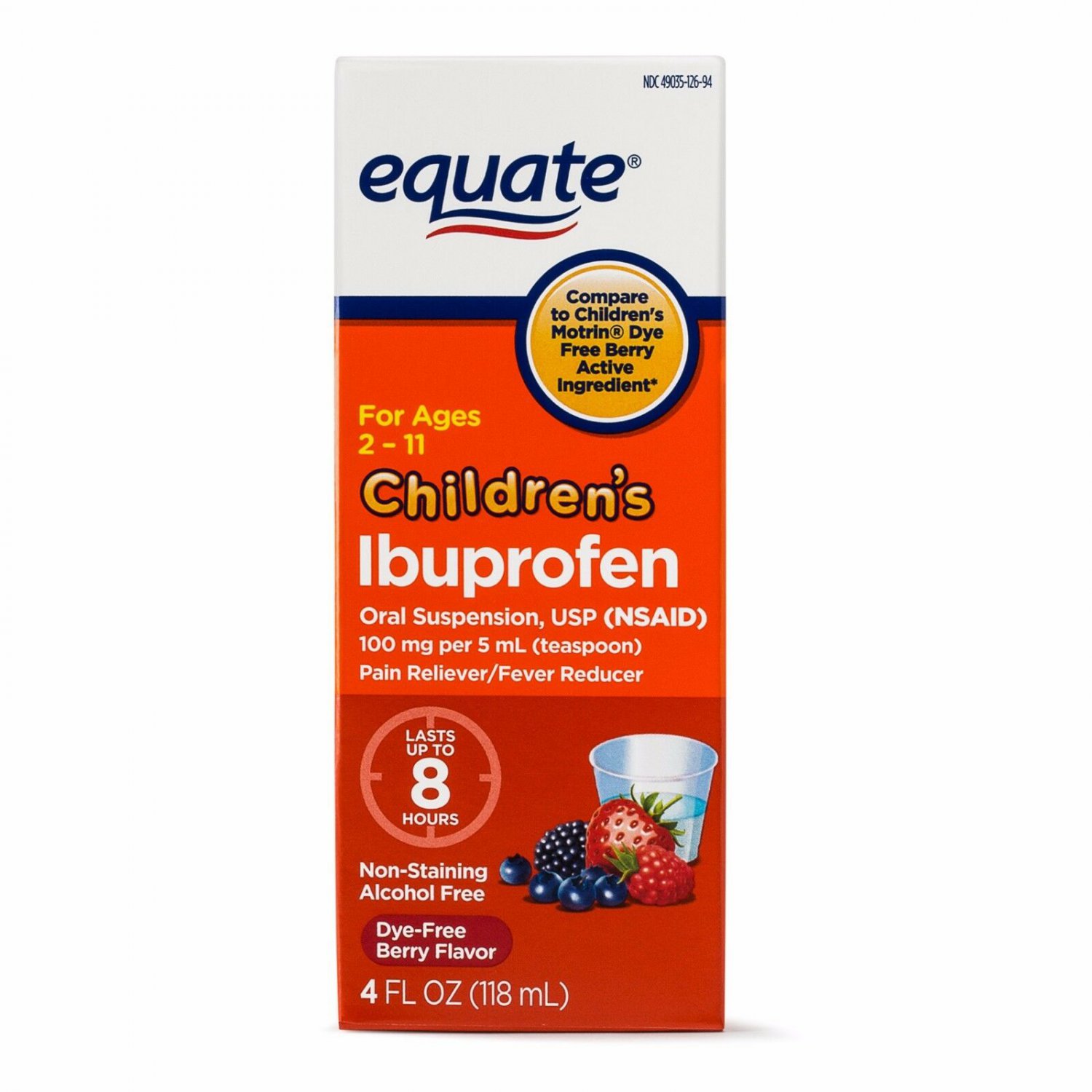Equate Childrens Ibuprofen Dye Free Berry Suspension, 100 mg, 4 fl oz