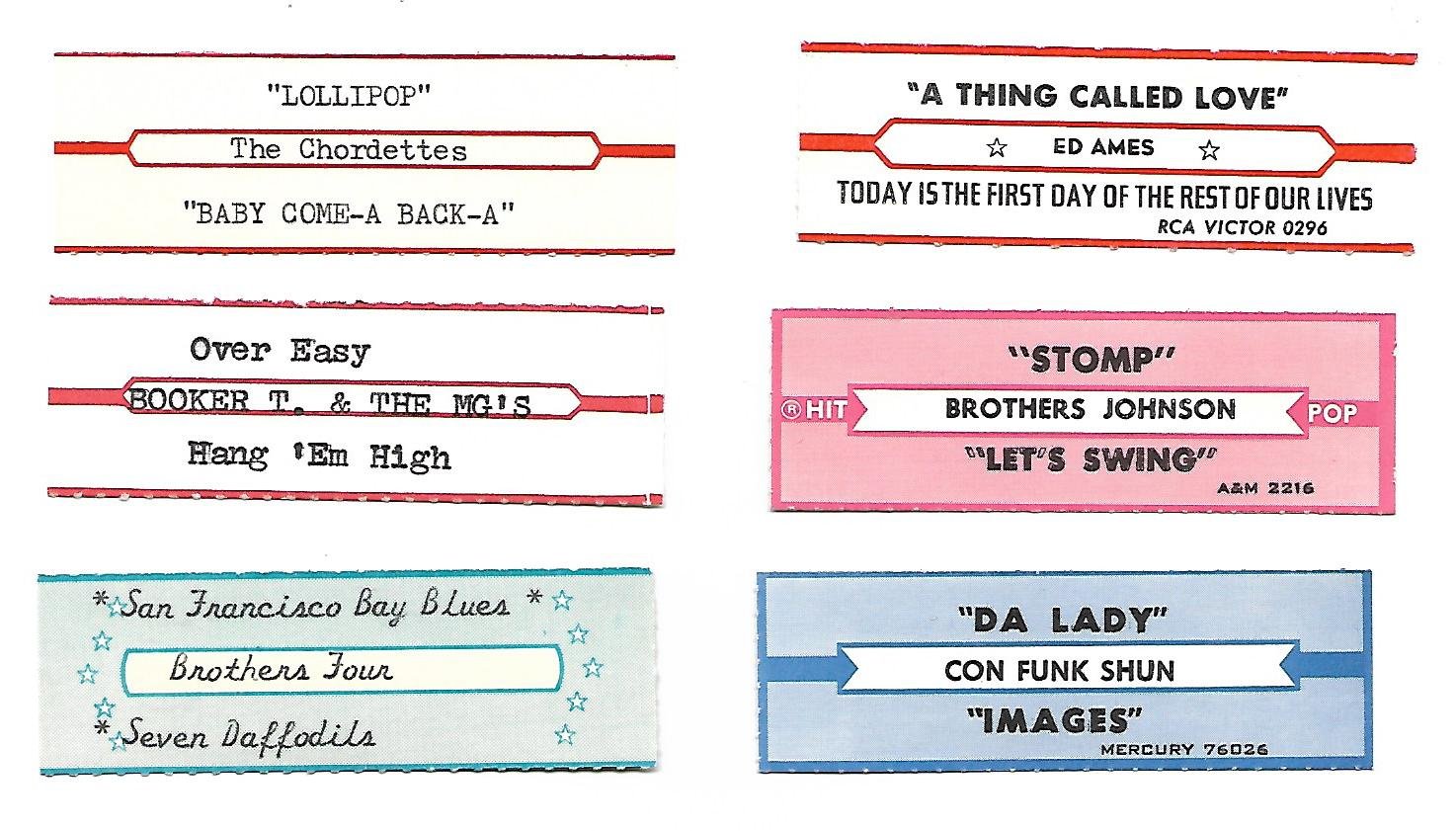 Choose from over 100 Jukebox Title Strips '50's to '80's hits N to Z