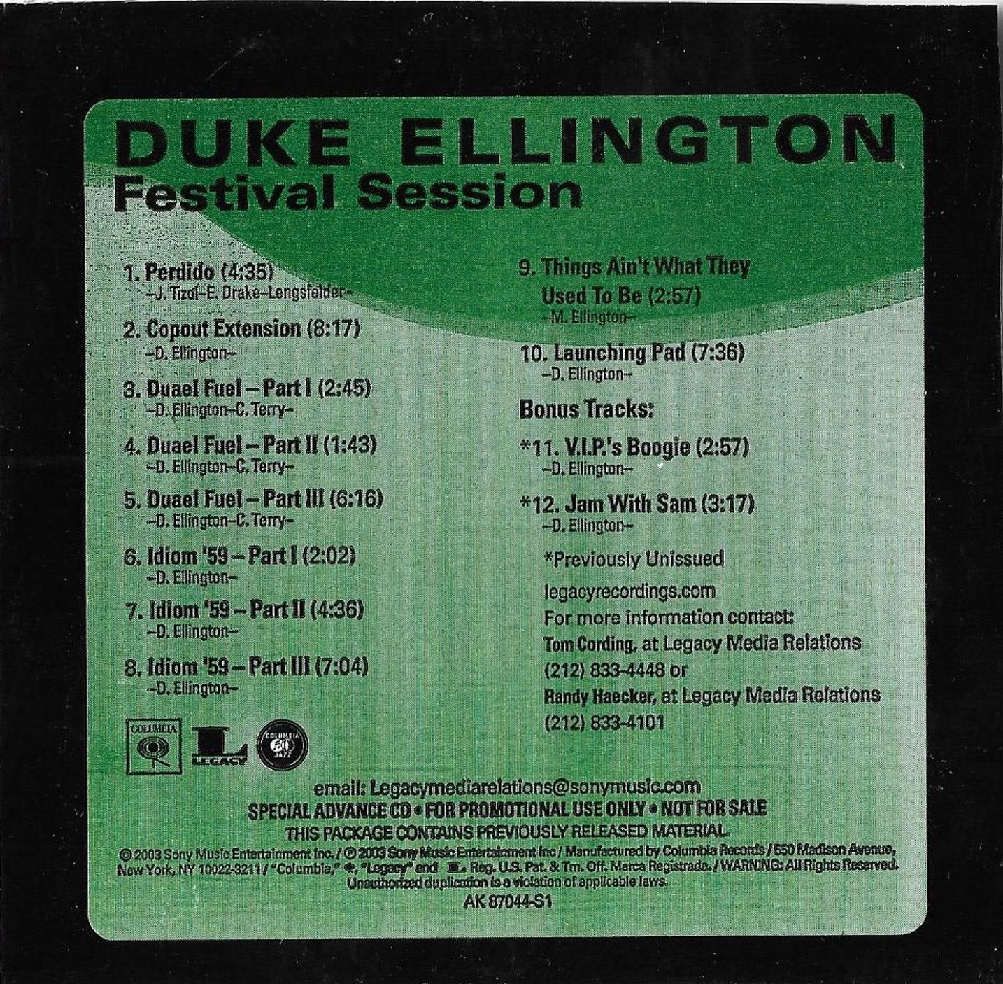 Duke Ellington: "Festival Session" - 2003 Promotional CD with 2 xtra tracks!