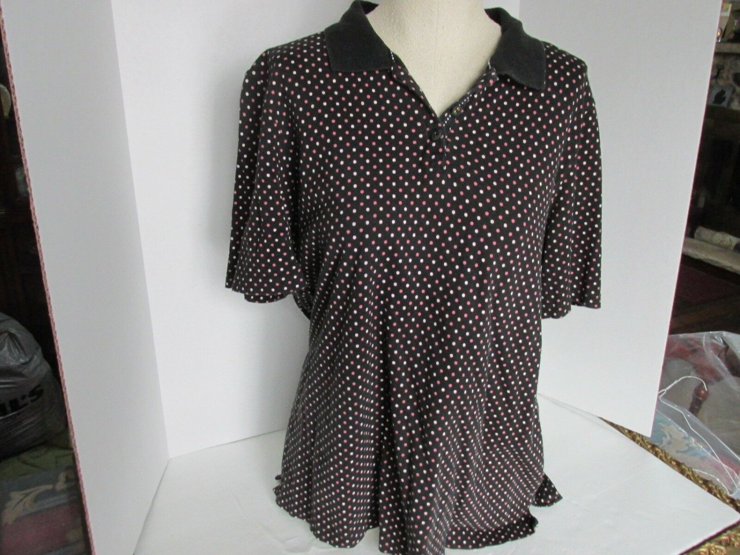 Women's White Stag Polka Dot Golf Shirt, Size XL - Plus 16-18, Black/Pink