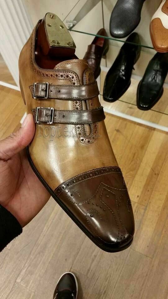 Handmade Men's Leather New Brown Double Buckle Monk Strap Custom Made Shoes-532
