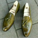 Handmade Men's leather Olive color tassel loafer and slip ons custom shoes-895