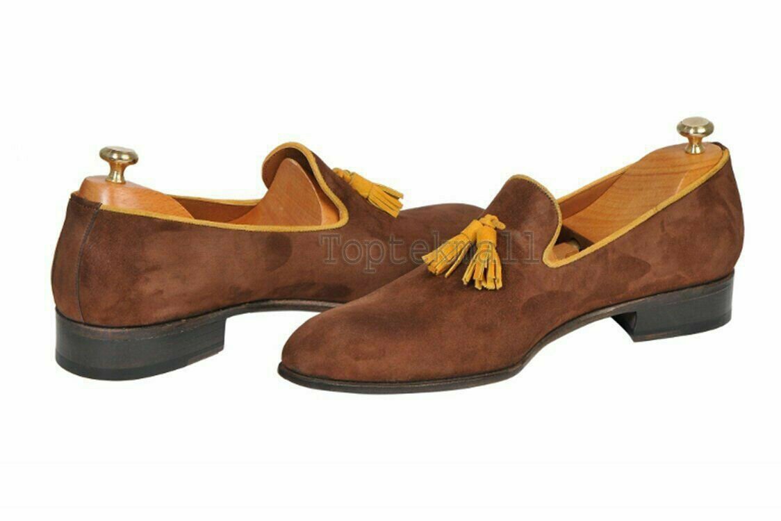 Handmade Men's Leather Brown Suede Tassel Loafers custom dress shoes-866