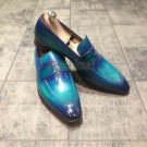Handmade Men's Leather Ocean Blue Patina Stylish Loafers and Slip on Shoes-897