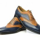 Handmade Men's Leather New Blue & Tan Correspondent Wingtips two tone shoes-527