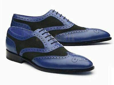 Handmade Men's Leather Two Tone Blue Color Oxford Brogues Wingtip Shoes-828