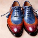 Handmade Men's Leather Lace Up Genuine Two Tone Blue Maroon Vintage Shoes-902