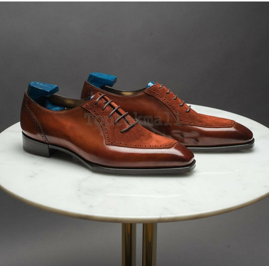 Handmade Men&acirc;��s Leather & Suede Oxfords Wingtip Brown Square Toe Casual Shoes-929