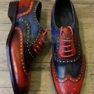 Handmade Men's Leather Patina Red and Black Wingtip Oxfords Custom Shoes-415