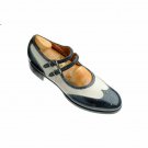 Handmade Women's Leather Two Tone Oxford Two Strap Buckle Wingtip Shoes-923